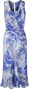 Briar Rose Print Dress, Print - style: faux wrap/wrap; length: below the knee; neckline: low v-neck; sleeve style: sleeveless; waist detail: belted waist/tie at waist/drawstring; predominant colour: royal blue; fit: body skimming; fibres: polyester/polyamide - 100%; occasions: occasion; hip detail: soft pleats at hip/draping at hip/flared at hip; sleeve length: sleeveless; texture group: sheer fabrics/chiffon/organza etc.; pattern type: fabric; pattern size: big & busy; pattern: florals