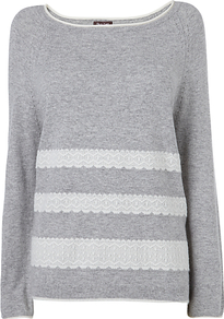 Melody Lace Panel Jumper, Grey - neckline: round neck; pattern: horizontal stripes; style: standard; predominant colour: mid grey; occasions: casual; length: standard; fibres: cotton - mix; fit: standard fit; sleeve length: long sleeve; sleeve style: standard; texture group: knits/crochet