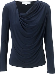 Shelley Top, Navy - neckline: cowl/draped neck; pattern: plain; waist detail: twist front waist detail/nipped in at waist on one side/soft pleats/draping/ruching/gathering waist detail; bust detail: ruching/gathering/draping/layers/pintuck pleats at bust; predominant colour: navy; occasions: casual, evening, work; length: standard; style: top; fibres: cotton - mix; fit: body skimming; sleeve length: long sleeve; sleeve style: standard; pattern type: fabric; texture group: jersey - stretchy/drapey