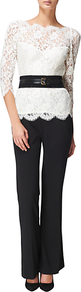 Scalloped Lace Blouse, Ivory - neckline: round neck; style: blouse; waist detail: belted waist/tie at waist/drawstring; predominant colour: ivory; occasions: evening, work, occasion; length: standard; fibres: cotton - mix; fit: tailored/fitted; sleeve length: 3/4 length; sleeve style: standard; texture group: lace; pattern type: fabric; pattern size: small & busy; pattern: florals; embellishment: lace