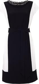 Ruth Dress, Black/Chalk - style: shift; sleeve style: capped; fit: tailored/fitted; bust detail: added detail/embellishment at bust; waist detail: fitted waist; secondary colour: white; predominant colour: black; occasions: evening, occasion; length: just above the knee; fibres: polyester/polyamide - 100%; neckline: crew; sleeve length: short sleeve; pattern: colourblock; texture group: other - light to midweight; embellishment: crystals