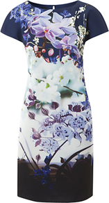 Fiore Dress, Amethystine/Multi - style: shift; neckline: round neck; secondary colour: white; length: just above the knee; fit: body skimming; fibres: polyester/polyamide - 100%; occasions: occasion; predominant colour: multicoloured; sleeve length: short sleeve; sleeve style: standard; texture group: silky - light; trends: high impact florals; pattern type: fabric; pattern size: big & busy; pattern: florals