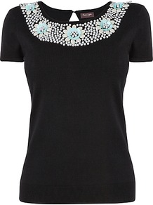 Lulu Embellished Top, Black - pattern: plain; bust detail: added detail/embellishment at bust; secondary colour: white; predominant colour: black; occasions: casual; length: standard; style: top; neckline: scoop; fibres: viscose/rayon - 100%; fit: body skimming; back detail: keyhole/peephole detail at back; sleeve length: short sleeve; sleeve style: standard; pattern type: fabric; texture group: jersey - stretchy/drapey; embellishment: beading