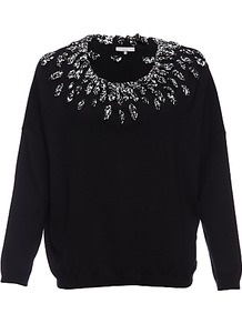 Dixie Jumper, Black - sleeve style: dolman/batwing; pattern: plain; bust detail: added detail/embellishment at bust; style: standard; predominant colour: black; occasions: casual, evening, work; length: standard; fibres: cotton - mix; fit: standard fit; neckline: crew; shoulder detail: added shoulder detail; sleeve length: long sleeve; texture group: knits/crochet; pattern type: knitted - fine stitch; pattern size: small & light; embellishment: beading