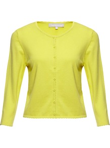 Coralee Cardigan - neckline: round neck; pattern: plain; length: cropped; bust detail: buttons at bust (in middle at breastbone)/zip detail at bust; predominant colour: yellow; occasions: casual, work; style: standard; fibres: silk - mix; fit: slim fit; sleeve length: 3/4 length; sleeve style: standard; texture group: knits/crochet; pattern type: knitted - fine stitch