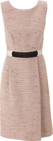 Sophia Dress, Pale Pink - style: shift; neckline: round neck; fit: tailored/fitted; pattern: plain; sleeve style: sleeveless; waist detail: belted waist/tie at waist/drawstring; predominant colour: blush; occasions: work, occasion; length: just above the knee; fibres: cotton - mix; sleeve length: sleeveless; pattern type: fabric; texture group: tweed - light/midweight