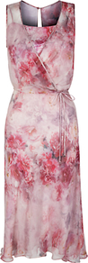 Pretti Dress, Print - style: faux wrap/wrap; length: below the knee; neckline: low v-neck; fit: fitted at waist; sleeve style: sleeveless; waist detail: belted waist/tie at waist/drawstring; predominant colour: pink; secondary colour: blush; occasions: evening, occasion; fibres: polyester/polyamide - 100%; sleeve length: sleeveless; texture group: sheer fabrics/chiffon/organza etc.; pattern type: fabric; pattern size: big & busy; pattern: florals