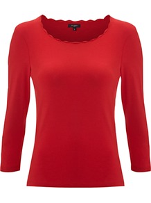 Rena Top - neckline: round neck; pattern: plain; predominant colour: true red; occasions: casual, work; length: standard; style: top; fibres: cotton - stretch; fit: body skimming; sleeve length: 3/4 length; sleeve style: standard; texture group: cotton feel fabrics