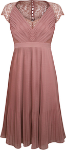Middleton Pleat Dress, Pink - style: empire line; neckline: low v-neck; sleeve style: capped; fit: empire; pattern: plain; waist detail: fitted waist; shoulder detail: contrast pattern/fabric at shoulder; back detail: contrast pattern/fabric at back; bust detail: ruching/gathering/draping/layers/pintuck pleats at bust; predominant colour: pink; occasions: evening, occasion; length: on the knee; fibres: polyester/polyamide - 100%; hip detail: soft pleats at hip/draping at hip/flared at hip; sleeve length: short sleeve; texture group: lace; pattern type: fabric; pattern size: standard