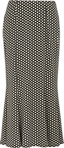 Polka Dot Jersey Skirt, Multi - length: calf length; style: fishtail; fit: tailored/fitted; pattern: polka dot; waist: mid/regular rise; secondary colour: white; predominant colour: black; occasions: work; fibres: viscose/rayon - stretch; texture group: crepes; pattern type: fabric; pattern size: small & busy