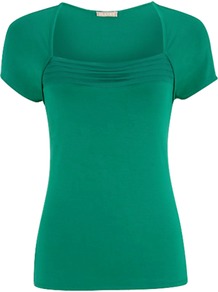 Square Neck Jersey Top, Emerald Green - neckline: high square neck; sleeve style: dolman/batwing; pattern: plain; predominant colour: emerald green; occasions: casual, work; length: standard; style: top; fit: body skimming; sleeve length: short sleeve; texture group: jersey - clingy; fibres: viscose/rayon - mix