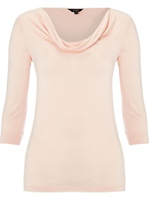 Simone Top, Powder - neckline: cowl/draped neck; pattern: plain; bust detail: ruching/gathering/draping/layers/pintuck pleats at bust; predominant colour: blush; occasions: casual, work, occasion; length: standard; style: top; fibres: viscose/rayon - 100%; fit: body skimming; sleeve length: 3/4 length; sleeve style: standard; pattern type: fabric; texture group: jersey - stretchy/drapey