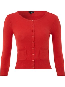 Zoe Cardigan, Poppy - neckline: round neck; pattern: plain; length: cropped; predominant colour: true red; occasions: casual, work; style: standard; fibres: silk - mix; fit: slim fit; sleeve length: 3/4 length; sleeve style: standard; texture group: knits/crochet; pattern type: knitted - fine stitch
