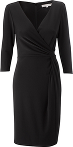 Azzura Dress, Black - style: faux wrap/wrap; neckline: v-neck; pattern: plain; waist detail: fitted waist; predominant colour: black; occasions: evening, work; length: just above the knee; fit: body skimming; fibres: polyester/polyamide - stretch; sleeve length: 3/4 length; sleeve style: standard; pattern type: fabric; texture group: jersey - stretchy/drapey