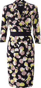 Sienna Dress, Navy/Citron - style: faux wrap/wrap; neckline: v-neck; fit: fitted at waist; secondary colour: yellow; predominant colour: black; occasions: evening, work, occasion; length: just above the knee; fibres: polyester/polyamide - stretch; waist detail: narrow waistband; sleeve length: 3/4 length; sleeve style: standard; trends: statement prints; pattern type: fabric; pattern size: small & busy; pattern: patterned/print; texture group: jersey - stretchy/drapey