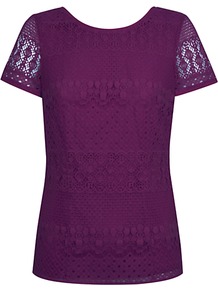 Lace Top, Bright Purple - neckline: round neck; predominant colour: aubergine; occasions: casual, evening, work; length: standard; style: top; fibres: cotton - mix; fit: straight cut; sleeve length: short sleeve; sleeve style: standard; texture group: lace; pattern type: fabric; pattern size: small & busy; pattern: patterned/print; embellishment: lace