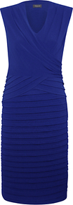 Shutter Dress, Blue Lapis - style: shift; neckline: v-neck; pattern: plain; sleeve style: sleeveless; waist detail: fitted waist; bust detail: ruching/gathering/draping/layers/pintuck pleats at bust; predominant colour: royal blue; occasions: evening, occasion; length: just above the knee; fit: body skimming; fibres: polyester/polyamide - stretch; sleeve length: sleeveless; hip detail: ruffles/tiers/tie detail at hip; pattern type: fabric; texture group: other - stretchy