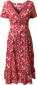 Carnation Spot Dress, Scarlet - length: below the knee; neckline: v-neck; fit: fitted at waist; secondary colour: white; predominant colour: burgundy; occasions: casual, holiday; style: fit & flare; fibres: cotton - 100%; sleeve length: short sleeve; sleeve style: standard; pattern type: fabric; pattern size: small & busy; pattern: patterned/print; texture group: jersey - stretchy/drapey