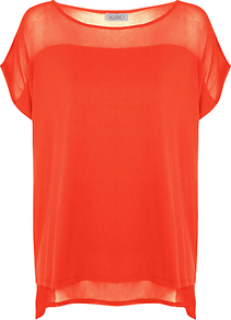 Mesh Yoke Jersey Top, Coral - neckline: round neck; pattern: plain; predominant colour: bright orange; occasions: casual, evening, holiday; length: standard; style: top; fibres: viscose/rayon - 100%; fit: body skimming; bust detail: contrast pattern/fabric/detail at bust; back detail: shorter hem at back than at front; sleeve length: short sleeve; sleeve style: standard; trends: volume; pattern type: fabric; texture group: jersey - stretchy/drapey
