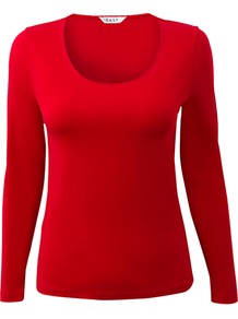 Stitch Neck Jersey Top, Scarlet - pattern: plain; predominant colour: true red; occasions: casual, work; length: standard; style: top; fibres: viscose/rayon - stretch; fit: body skimming; neckline: crew; sleeve length: long sleeve; sleeve style: standard; pattern type: fabric; texture group: jersey - stretchy/drapey