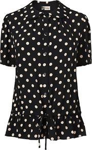 Polka Dot Gathered Blouse, Black - neckline: shirt collar/peter pan/zip with opening; waist detail: drop waist; style: blouse; pattern: polka dot; secondary colour: white; predominant colour: black; occasions: casual, work; length: standard; fibres: viscose/rayon - 100%; fit: straight cut; sleeve length: short sleeve; sleeve style: standard; texture group: silky - light; pattern type: fabric; pattern size: small & busy