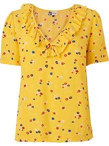 Frill Blouse, Yellow - neckline: v-neck; predominant colour: mustard; occasions: casual; length: standard; style: top; fibres: viscose/rayon - 100%; fit: straight cut; sleeve length: short sleeve; sleeve style: standard; bust detail: tiers/frills/bulky drapes/pleats; pattern type: fabric; pattern size: small & light; pattern: florals; texture group: jersey - stretchy/drapey