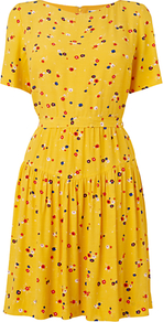 Floral Cluster Dress, Yellow - fit: fitted at waist; waist detail: fitted waist; predominant colour: yellow; occasions: casual, evening, holiday; length: just above the knee; style: fit & flare; fibres: viscose/rayon - 100%; neckline: crew; hip detail: soft pleats at hip/draping at hip/flared at hip; sleeve length: short sleeve; sleeve style: standard; pattern type: fabric; pattern size: small & busy; pattern: patterned/print; texture group: jersey - stretchy/drapey