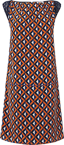 Geo Print Panel Dress, Orange - style: shift; sleeve style: capped; fit: tailored/fitted; shoulder detail: contrast pattern/fabric at shoulder; secondary colour: white; predominant colour: bright orange; occasions: evening, holiday; length: just above the knee; fibres: silk - 100%; neckline: crew; sleeve length: short sleeve; texture group: crepes; trends: modern geometrics; pattern type: fabric; pattern size: small & busy; pattern: patterned/print