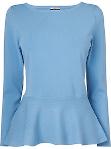 London Peplum Jumper, Light Blue - neckline: round neck; pattern: plain; style: standard; predominant colour: pale blue; occasions: casual, evening, work; length: standard; fibres: viscose/rayon - stretch; fit: slim fit; waist detail: peplum detail at waist; sleeve length: long sleeve; sleeve style: standard; pattern type: knitted - fine stitch; texture group: other - light to midweight