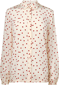 Ladybird Scalloped Blouse, Ivory - neckline: shirt collar/peter pan/zip with opening; style: shirt; predominant colour: ivory; secondary colour: true red; occasions: casual, work; length: standard; fibres: silk - 100%; fit: body skimming; sleeve length: long sleeve; sleeve style: standard; texture group: silky - light; pattern type: fabric; pattern size: small & busy; pattern: patterned/print