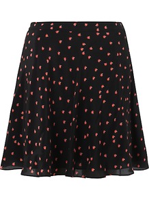 Ladybird Skater Skirt, Black - length: mid thigh; fit: loose/voluminous; waist: mid/regular rise; secondary colour: true red; predominant colour: black; occasions: casual, evening, work; style: a-line; fibres: silk - 100%; hip detail: soft pleats at hip/draping at hip/flared at hip; texture group: silky - light; pattern type: fabric; pattern size: small & busy; pattern: patterned/print