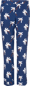 Palm Tree Trousers, Blue - length: standard; waist: mid/regular rise; secondary colour: white; predominant colour: royal blue; occasions: casual, evening, holiday; fibres: cotton - mix; texture group: silky - light; trends: statement prints; fit: slim leg; pattern type: fabric; pattern size: big & busy; pattern: patterned/print; style: standard