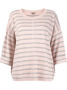 Slouchy Striped Jumper - neckline: round neck; pattern: horizontal stripes; style: standard; predominant colour: blush; secondary colour: light grey; occasions: casual; length: standard; fibres: wool - mix; fit: loose; sleeve length: 3/4 length; sleeve style: standard; texture group: knits/crochet; pattern type: knitted - other; pattern size: standard