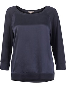 Silk Front Jumper - neckline: scoop neck; sleeve style: raglan; pattern: plain; style: standard; predominant colour: navy; occasions: casual, work; length: standard; fit: standard fit; bust detail: contrast pattern/fabric/detail at bust; sleeve length: 3/4 length; texture group: knits/crochet; pattern type: knitted - fine stitch; fibres: viscose/rayon - mix