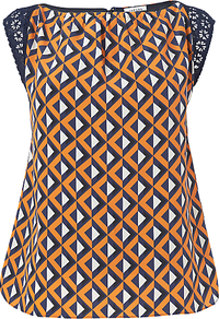 Geo Print Panel Top, Orange - neckline: slash/boat neckline; sleeve style: capped; shoulder detail: contrast pattern/fabric at shoulder; secondary colour: black; occasions: casual, evening, work; length: standard; style: top; fibres: silk - 100%; fit: body skimming; back detail: keyhole/peephole detail at back; predominant colour: multicoloured; sleeve length: short sleeve; texture group: silky - light; trends: modern geometrics; pattern type: fabric; pattern size: standard; pattern: patterned/print; embellishment: embroidered