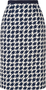 Dogstooth Skirt, Navy - length: below the knee; style: straight; waist: high rise; secondary colour: white; predominant colour: navy; occasions: casual, work; fibres: cotton - stretch; waist detail: narrow waistband; pattern: dogtooth; fit: straight cut; pattern type: fabric; pattern size: big & busy; texture group: woven light midweight