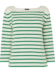 Breton Stripe Top, Green - neckline: slash/boat neckline; pattern: horizontal stripes; predominant colour: emerald green; occasions: casual, work; length: standard; style: top; fibres: cotton - stretch; fit: straight cut; sleeve length: 3/4 length; sleeve style: standard; pattern type: fabric; pattern size: small & light; texture group: jersey - stretchy/drapey