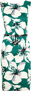 Hibiscus Print Shift Dress, Green - style: shift; neckline: slash/boat neckline; fit: tailored/fitted; sleeve style: sleeveless; waist detail: belted waist/tie at waist/drawstring; predominant colour: dark green; occasions: evening, work, occasion; length: just above the knee; fibres: cotton - stretch; sleeve length: sleeveless; texture group: cotton feel fabrics; trends: high impact florals, glamorous day shifts; pattern type: fabric; pattern size: big & busy; pattern: florals