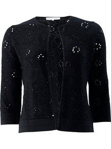 Flora Cardigan, Black - neckline: round neck; length: cropped; predominant colour: black; occasions: casual, work; style: standard; fibres: cotton - mix; fit: slim fit; sleeve length: 3/4 length; sleeve style: standard; texture group: knits/crochet; pattern type: knitted - fine stitch; pattern size: small & light; pattern: patterned/print
