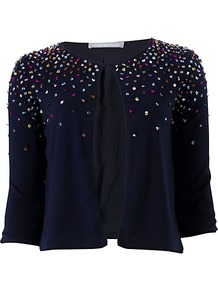 Kiara Cardigan, Blue - neckline: round neck; pattern: plain; bust detail: added detail/embellishment at bust; length: cropped; predominant colour: navy; occasions: evening, occasion; style: standard; fibres: cotton - 100%; fit: standard fit; shoulder detail: added shoulder detail; sleeve length: 3/4 length; sleeve style: standard; texture group: knits/crochet; pattern type: knitted - fine stitch; embellishment: beading