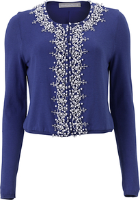 Leonara Cardigan, Blue - neckline: round neck; pattern: plain; bust detail: added detail/embellishment at bust; length: cropped; predominant colour: royal blue; occasions: casual, evening, work, occasion; style: standard; fibres: cotton - mix; fit: slim fit; shoulder detail: added shoulder detail; sleeve length: long sleeve; sleeve style: standard; texture group: knits/crochet; pattern type: knitted - fine stitch; embellishment: beading