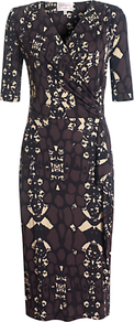 Lily Dress, Cocoa - style: faux wrap/wrap; neckline: v-neck; waist detail: twist front waist detail/nipped in at waist on one side/soft pleats/draping/ruching/gathering waist detail; bust detail: ruching/gathering/draping/layers/pintuck pleats at bust; predominant colour: chocolate brown; secondary colour: black; occasions: evening, work; length: on the knee; fit: body skimming; fibres: viscose/rayon - 100%; sleeve length: short sleeve; sleeve style: standard; trends: statement prints; pattern type: fabric; pattern size: standard; pattern: patterned/print; texture group: jersey - stretchy/drapey