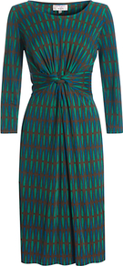 Star Dress, Teal - style: shift; length: below the knee; neckline: round neck; fit: fitted at waist; waist detail: twist front waist detail/nipped in at waist on one side/soft pleats/draping/ruching/gathering waist detail; hip detail: fitted at hip; bust detail: ruching/gathering/draping/layers/pintuck pleats at bust; predominant colour: teal; secondary colour: mint green; occasions: casual, evening, work, occasion; fibres: viscose/rayon - 100%; sleeve length: long sleeve; sleeve style: standard; texture group: silky - light; trends: modern geometrics; pattern type: fabric; pattern size: standard; pattern: patterned/print