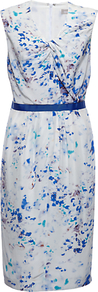 Angelica Dress, Blue - style: shift; neckline: v-neck; fit: tailored/fitted; sleeve style: sleeveless; waist detail: belted waist/tie at waist/drawstring; bust detail: ruching/gathering/draping/layers/pintuck pleats at bust; predominant colour: white; secondary colour: navy; occasions: evening, work; length: just above the knee; fibres: silk - 100%; sleeve length: sleeveless; texture group: silky - light; trends: glamorous day shifts; pattern type: fabric; pattern size: small & light; pattern: patterned/print