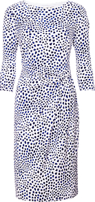 Etienne Dress, Multi - style: shift; neckline: round neck; waist detail: twist front waist detail/nipped in at waist on one side/soft pleats/draping/ruching/gathering waist detail; predominant colour: white; secondary colour: navy; occasions: evening, work; length: on the knee; fit: body skimming; fibres: polyester/polyamide - stretch; sleeve length: 3/4 length; sleeve style: standard; texture group: jersey - clingy; pattern type: fabric; pattern size: small & busy; pattern: patterned/print