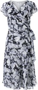 Faye Dress, Blue - style: faux wrap/wrap; neckline: v-neck; sleeve style: angel/waterfall; fit: fitted at waist; waist detail: belted waist/tie at waist/drawstring; secondary colour: light grey; predominant colour: black; occasions: evening, occasion; length: just above the knee; fibres: silk - 100%; sleeve length: short sleeve; texture group: sheer fabrics/chiffon/organza etc.; pattern type: fabric; pattern size: small & busy; pattern: patterned/print