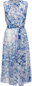 Olivia Dress, Multi - style: faux wrap/wrap; length: below the knee; neckline: v-neck; sleeve style: sleeveless; waist detail: fitted waist; predominant colour: white; secondary colour: pale blue; occasions: evening, occasion; fit: body skimming; fibres: silk - 100%; sleeve length: sleeveless; texture group: sheer fabrics/chiffon/organza etc.; trends: statement prints; bust detail: tiers/frills/bulky drapes/pleats; pattern type: fabric; pattern size: standard; pattern: patterned/print
