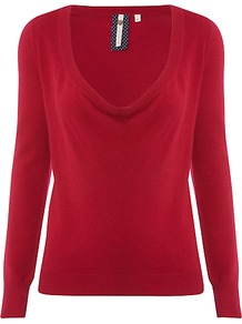 Mae Mae Knitted Top, Porto Red - neckline: cowl/draped neck; pattern: plain; predominant colour: true red; occasions: casual, work; length: standard; style: top; fit: body skimming; sleeve length: long sleeve; sleeve style: standard; texture group: knits/crochet; pattern type: knitted - fine stitch; fibres: viscose/rayon - mix