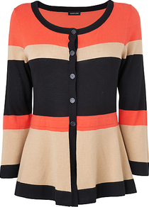 Colour Block Cardigan, Pink - neckline: round neck; predominant colour: bright orange; secondary colour: black; occasions: casual, evening, work; length: standard; style: standard; fibres: silk - mix; fit: standard fit; sleeve length: 3/4 length; sleeve style: standard; texture group: knits/crochet; trends: striking stripes; pattern type: knitted - fine stitch; pattern size: standard; pattern: colourblock