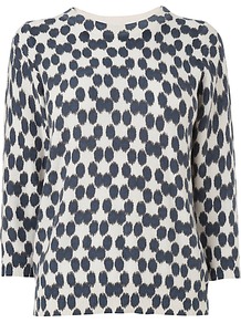 Blurred Spot Print Jumper, Navy - neckline: round neck; style: standard; secondary colour: white; predominant colour: navy; occasions: casual, work; length: standard; fibres: cotton - mix; fit: standard fit; sleeve length: 3/4 length; sleeve style: standard; texture group: knits/crochet; trends: statement prints; pattern type: knitted - fine stitch; pattern size: small & busy; pattern: patterned/print